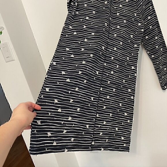 T BY TALBOTS Long Sleeve Mixed Print Dress Navy Blue Cream Striped Floral Cotton - Picture 11 of 11